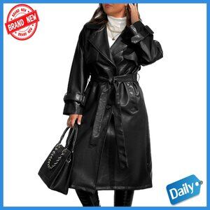 Plus Size Faux Leather Trench Coat Motorcycle Jacket Belted Overcoat